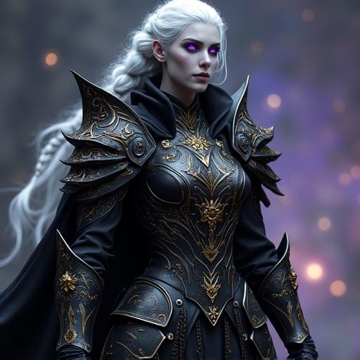 Epic dark fantasy character wearing gothic black armor with glowing runes. Armor has various golden details and black feather accents. Armored shoulders flare out, featuring intricate designs. Character has long white hair in braid, one glowing purple eye, and gray skin. Background is cosmic with a focus on the character.