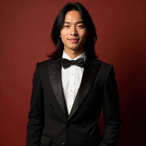 Asian male with long straight hair wearing a formal suit and bowtie at a party. Elegant setting with a stylish background showcasing sophistication.