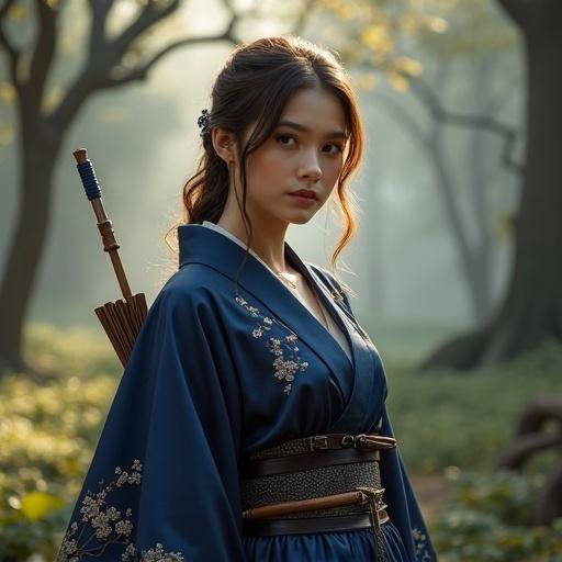 A 25-year-old female scout named Clarisse stands in a tranquil forest. She wears a deep indigo kimono with cherry blossom embroidery and an elegant archery armor. Her longbow is slung over her back. The scenery shows sunlight filtering through ancient trees.