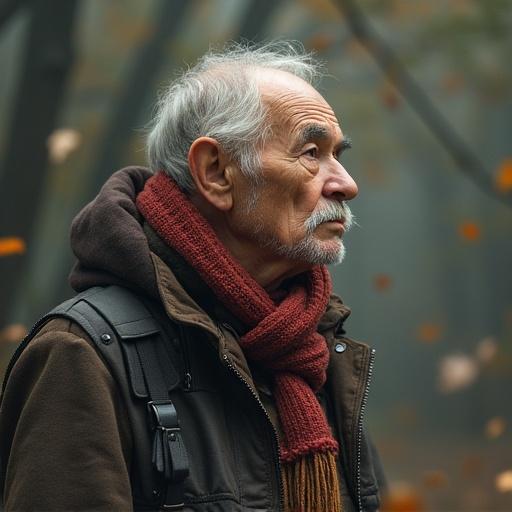 Elderly man standing in the woods during autumn. He looks contemplative with a gentle expression. Soft lighting creates a tranquil mood. Leaves are scattered around, enhancing the autumn setting.