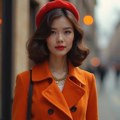 Portrait of a beautiful woman featuring a vintage 1960s London look. She wears a vibrant orange coat and a classic red hat. The background shows a soft-focus urban street.