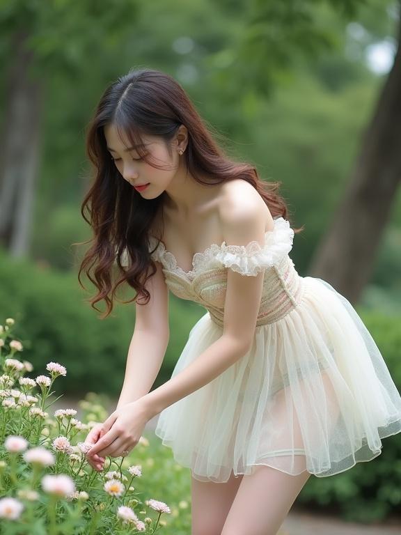 Full body shot of a young Chinese lady in a pastel-colored transparent outfit. She is bending down picking flowers in a garden. The dress includes delicate lace in shades of pink and mint green with a sweetheart neckline. The scene is outdoors with lush greenery and soft natural light highlighting the outfit details. Styling includes loose wavy hair and pale pink stockings.