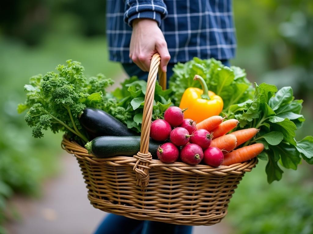 A person is carrying a woven basket filled with a variety of fresh vegetables. The basket contains bright red radishes, orange carrots, and dark green zucchini. There are leafy greens and a large head of lettuce peeking out from the top. Various colorful vegetables, including a yellow bell pepper and an eggplant, are nestled among the greens. The background features a blurred path surrounded by greenery, suggesting a lush, natural setting. The person wearing a blue plaid shirt is partially in view as they hold the basket with one hand, showcasing the abundance of produce.