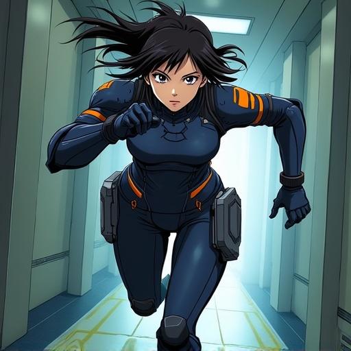 Female character inspired by Oni wears dark navy special forces suit. Gray armor plates and orange accents visible. Character sprints down narrow corridor in dynamic pose. Scene drawn in 1990s anime style with detailed lighting, cyberpunk aesthetic, high energy.