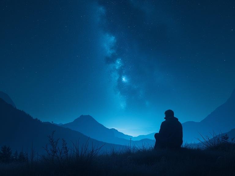 A serene night scene featuring a silhouette of a person kneeling in a clearing. The night sky is filled with bright stars. Deep blue tones dominate the image with a tranquil atmosphere. Realistic style, captured in a vertical format.