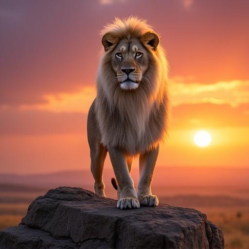 A majestic lion with a flowing white mane stands on a rocky outcrop at sunrise in the African savanna. The sky displays a vibrant gradient of orange, pink, and purple. The image captures highly detailed fur and realistic eyes with dramatic rim lighting during the golden hour. The shot is wide and in UHD 8k quality, focusing on wildlife.