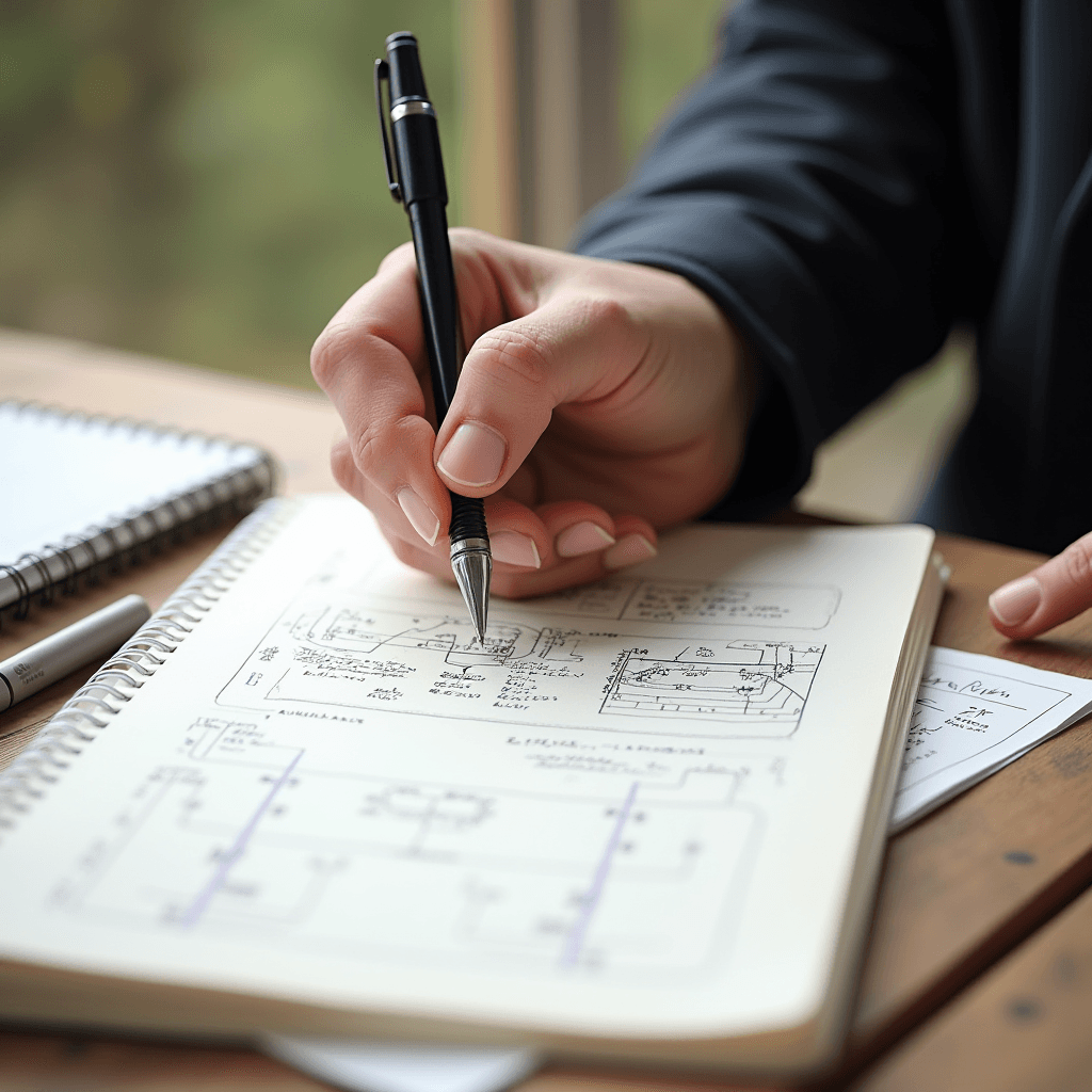 A person is sketching technical drawings and diagrams in a notebook with a black pen on a wooden table.