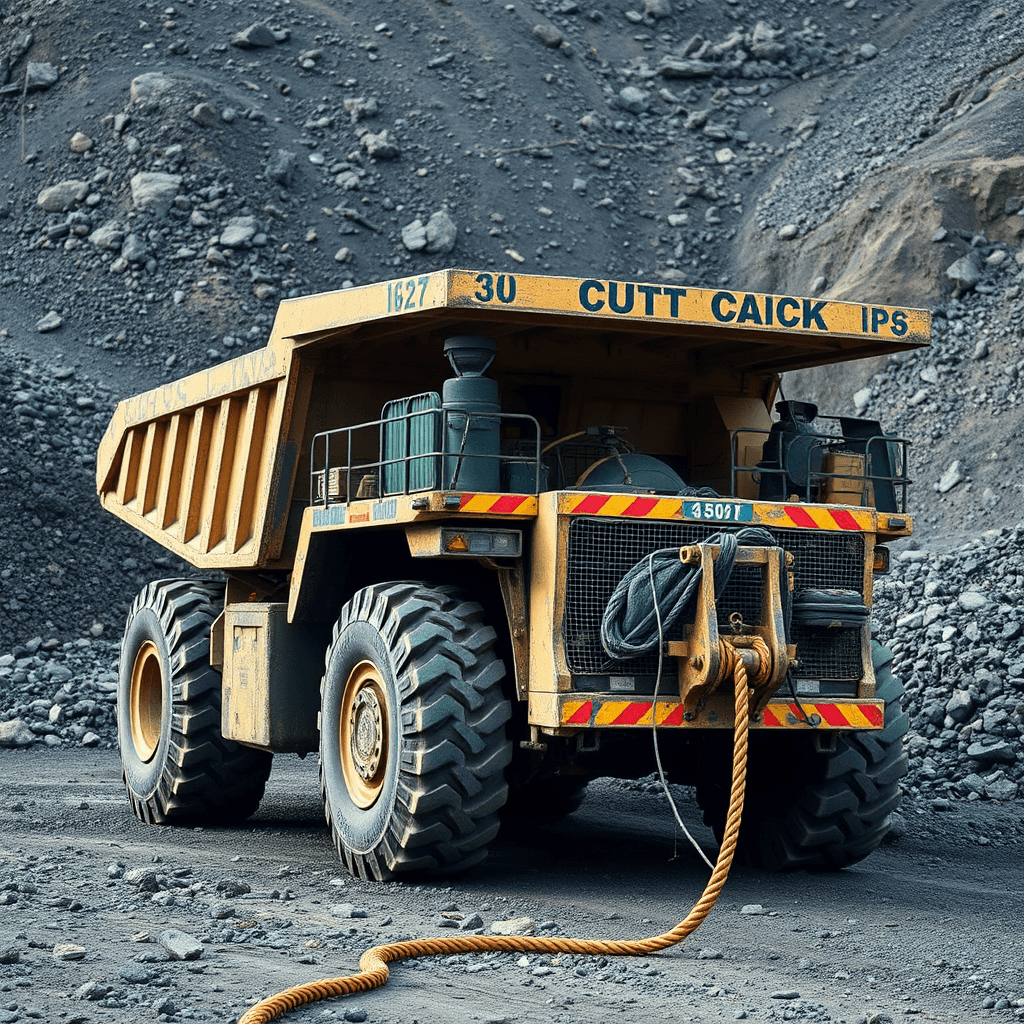 A large yellow mining dump truck is parked in a rocky area with a rope attached to its front.