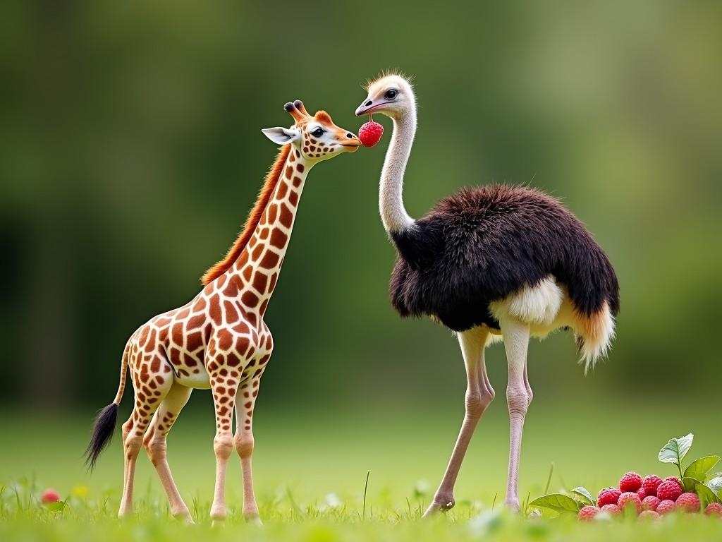 In a whimsical scene set against a soft-focus green background, a young giraffe and an ostrich share a moment of camaraderie, each holding a raspberry in their mouths. The juxtaposition of the tall, slender ostrich and the lanky giraffe creates an endearing moment, highlighted by the vibrant colors and natural setting.