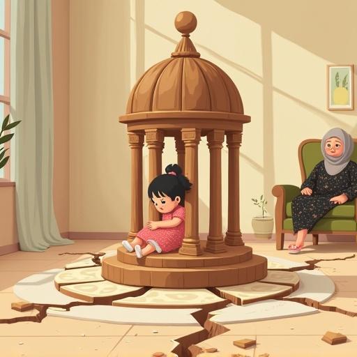 A symbolic wooden house is depicted. The house has a dome-shaped roof supported by carved pillars. The base is cracked and unstable. A girl sits inside holding onto the central pillar. She wears a pink dress. The surroundings are soft and blurry, representing memory. Warm lighting creates a vulnerable mood.
