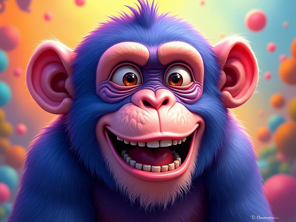 A digital painting of a chimpanzee with vibrant purple and blue fur. The chimpanzee has a wide, cheerful smile, creating a friendly and playful expression. The background is filled with abstract shapes and colors that enhance the lively atmosphere. The artwork is colorful and bright, drawing attention to the chimpanzee's playful demeanor. Overall, it captures a whimsical and joyful feeling.