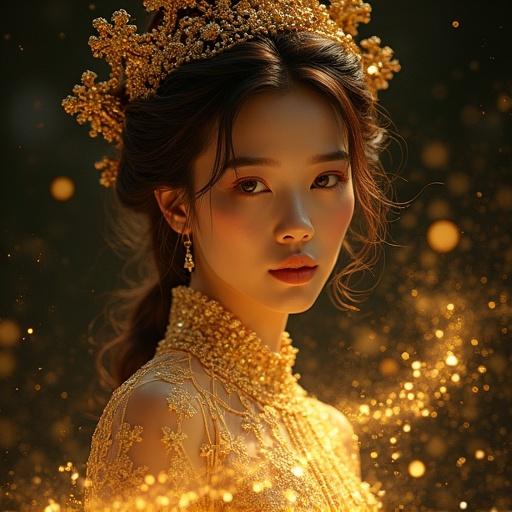 Portrait of a stunning woman in golden evening dress. Detailed features with a glowing aura. Enchanted atmosphere with golden whirls. Intricate artistic style.