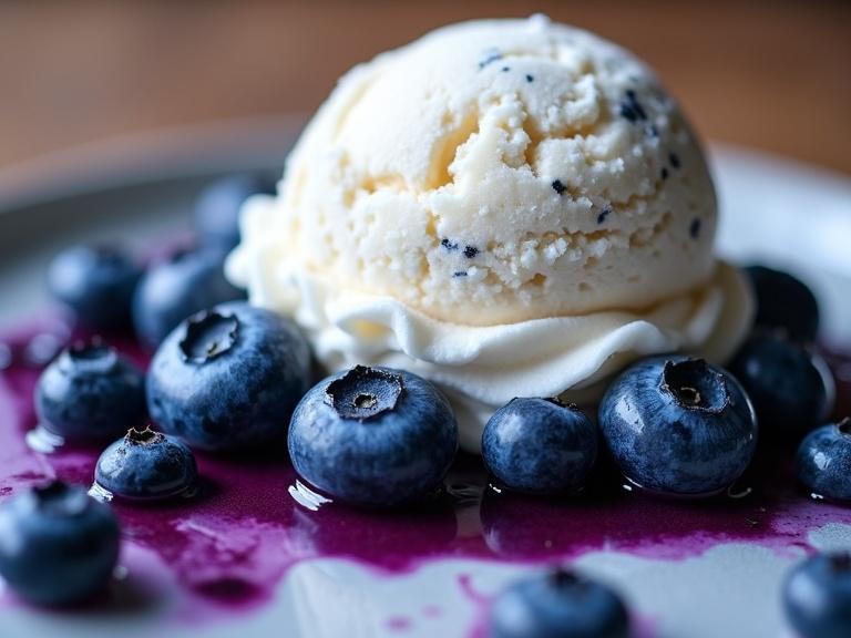 Close-up of a scoop of vanilla bean ice cream on a bed of blueberries. Ice cream is white with black flecks. Blueberries are plump and juicy with some slightly crushed. Soft diffused lighting creates highlights and sheen. Rustic wooden surface blurred in the background. Evokes summer freshness.