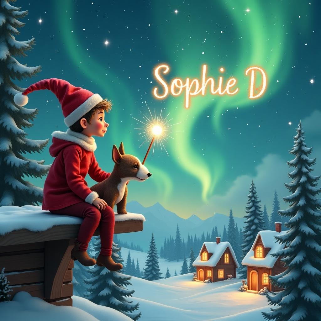 An elf in a red outfit on a wooden ledge with a brindle bull terrier. The elf holds a wand writing 'Sophie D' in the sky. The scene features snow-covered land, quaint houses, and tall evergreen trees under the Northern Lights.