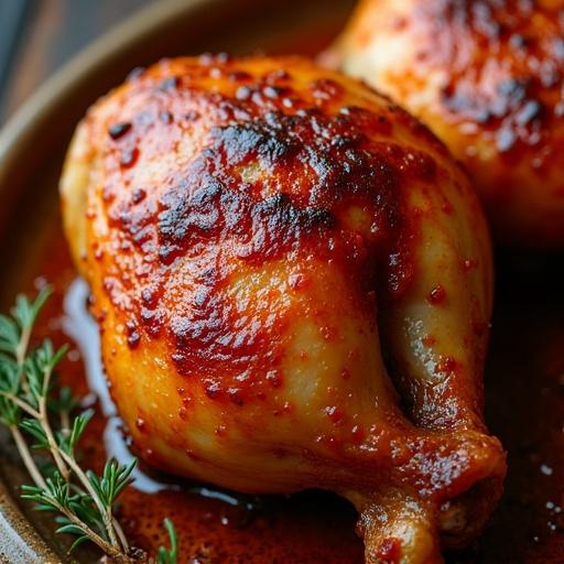 A vertical, split-layout image. The top half shows an extreme macro shot of a roasted chicken thigh with deep reddish-brown lacquered skin. The bottom half shows the dish from different zoomed angles, highlighting caramelized edges and juicy meat beneath the skin. Focus on the food.