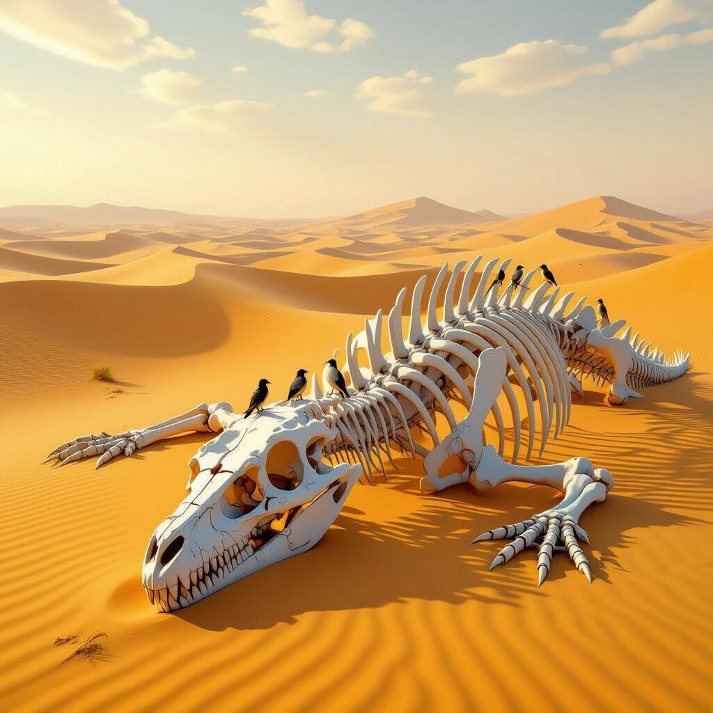 A massive dragon skeleton rests in the desert. Skeleton bones appear bleached and cracked. Scavenger birds perched on the ribcage. Wind-swept dunes surround the scene. Distant mirages shimmer on a horizon under a serene sky.