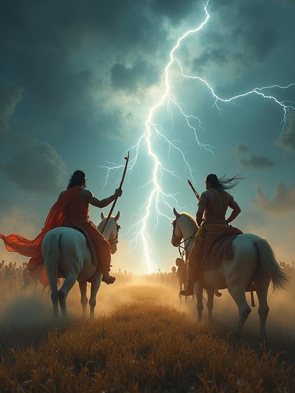 Arjuna and Karna prepare for battle on their horses. Arjuna raises the Gandiva bow with Krishna guiding. Karna readies the Nagastra glowing brightly. A fierce storm arrives. Dark clouds form as lightning strikes. The two warriors stare intensely. The atmosphere pulses with energy and dust swirls around. The wide shot depicts the battlefield divided by fate's hand.