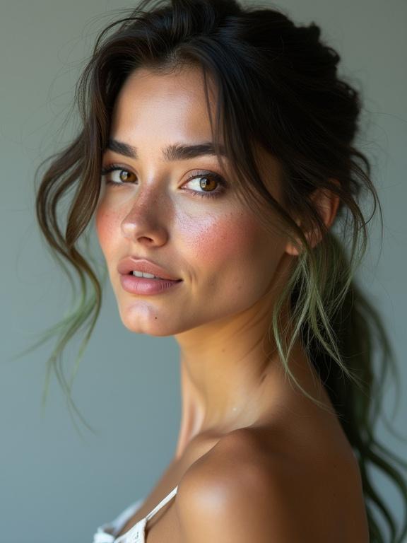 A striking young woman in a three-quarter portrait. Head slightly tilted with an over-the-shoulder glance. She has an oval face, subtle smile, and serene expression. Hazel eyes looking back at the camera with a dark limbal ring. Freckles on cheekbones and full lips. Luminous skin, softly lit. Hair with tousled waves and ashy-green dip-dye cascading over shoulder. Soft gray background. Hyper-detailed, high resolution.
