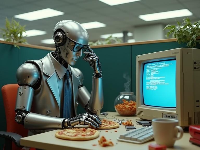 Highly detailed cinematic shot of retro-futuristic office robot in eyeglasses and rumpled suit. Hunched over chunky beige 1990s desktop PC with CRT monitor showing blue screen error. Chaotic desk with half-eaten pizza, crumpled soda cans, steaming coffee mug, red stapler, and floppy disk box. Fishbowl with goldfish on desk. Robot has a metallic hand on forehead, looking in despair. Wilting plant in cubicle corner. Harsh fluorescent office light. Hyperrealistic.