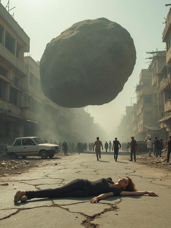 A woman lies on cracked pavement in a ruined city. A large boulder looms above her. People run in panic in the background. Dust fills the air. The streets show signs of destruction. Overturned cars and damaged buildings are visible.
