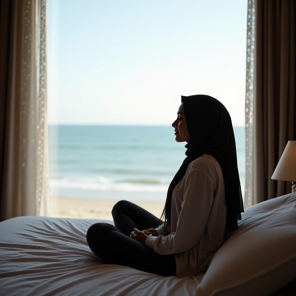 A woman sits on a bed wearing a hijab. The ocean view is visible through the window. Natural light fills the room. She sits comfortably on a soft bed beside the window.