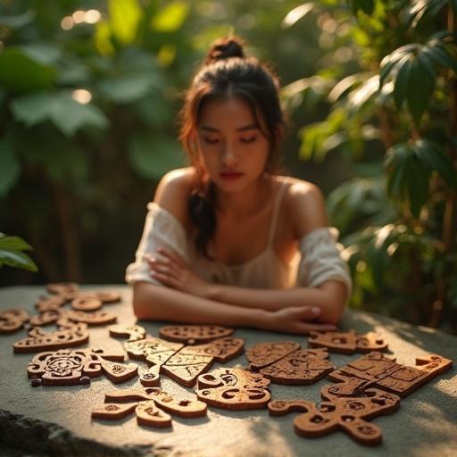 Exotic wooden tangram pieces intricately carved with Asian motifs scattered on polished stone tablet surrounded by lush greenery. Hyper-realistic detail with rich colors and soft golden lighting. A stunning woman wears an off-shoulder gown highlighting her confidence and elegance. Warm background with soft bokeh lights enhances the scene.
