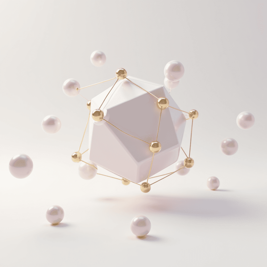 A white geometric shape suspended by golden spheres and rods, surrounded by soft pink spheres.