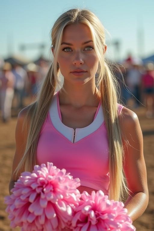 Attractive woman with long blonde hair in two side ponytails. She has blue eyes. Dressed in a pink latex cheerleader uniform. Holding pom poms. Cheering at a rodeo event.
