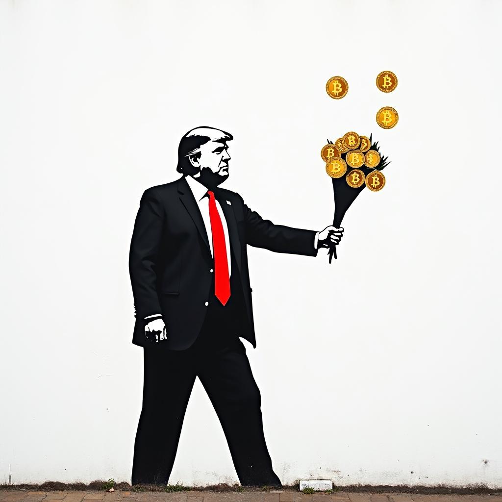 Minimalist artwork on a white wall. Silhouette of a human figure resembling Donald Trump with a dark scarf covering part of the face. Black suit with a bright red tie. Figure holding a bouquet of golden Bitcoin coins. Posture similar to Banksy's flower thrower, suggesting tension and movement. Reflective coins symbolize greed and economic power in place of flowers.