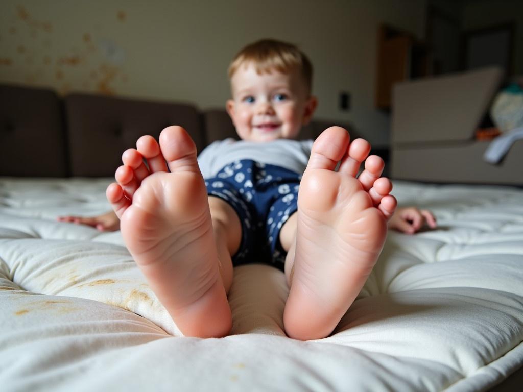 A young boy is lying on a worn-out mattress with his legs stretched out. His feet, which appear big for his age, are positioned in the foreground of the image. The soles of his feet are soft and smooth, with light reflecting off them. He is wearing navy blue shorts with a white pattern. The background shows a glimpse of a casual living space with a couch and some peeling paint on the walls.