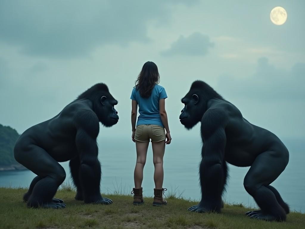 The image depicts a girl standing on a grassy cliff, facing two large gorillas. The scene is set against a moody sky with a bright full moon illuminating the background. The girl appears calm and curious, while the gorillas are muscular and attentive. The ocean stretches out beneath the cliff, adding to the serene yet powerful atmosphere. This composition evokes a sense of connection between humans and wildlife.