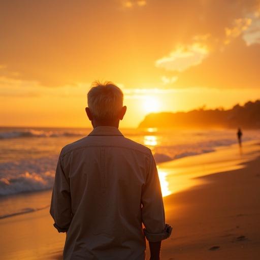 An old man standing on the beach during golden hour. He is looking away, facing the ocean. The sunset creates a warm glow in the sky. The waves gently lap against the shore, creating a peaceful atmosphere.