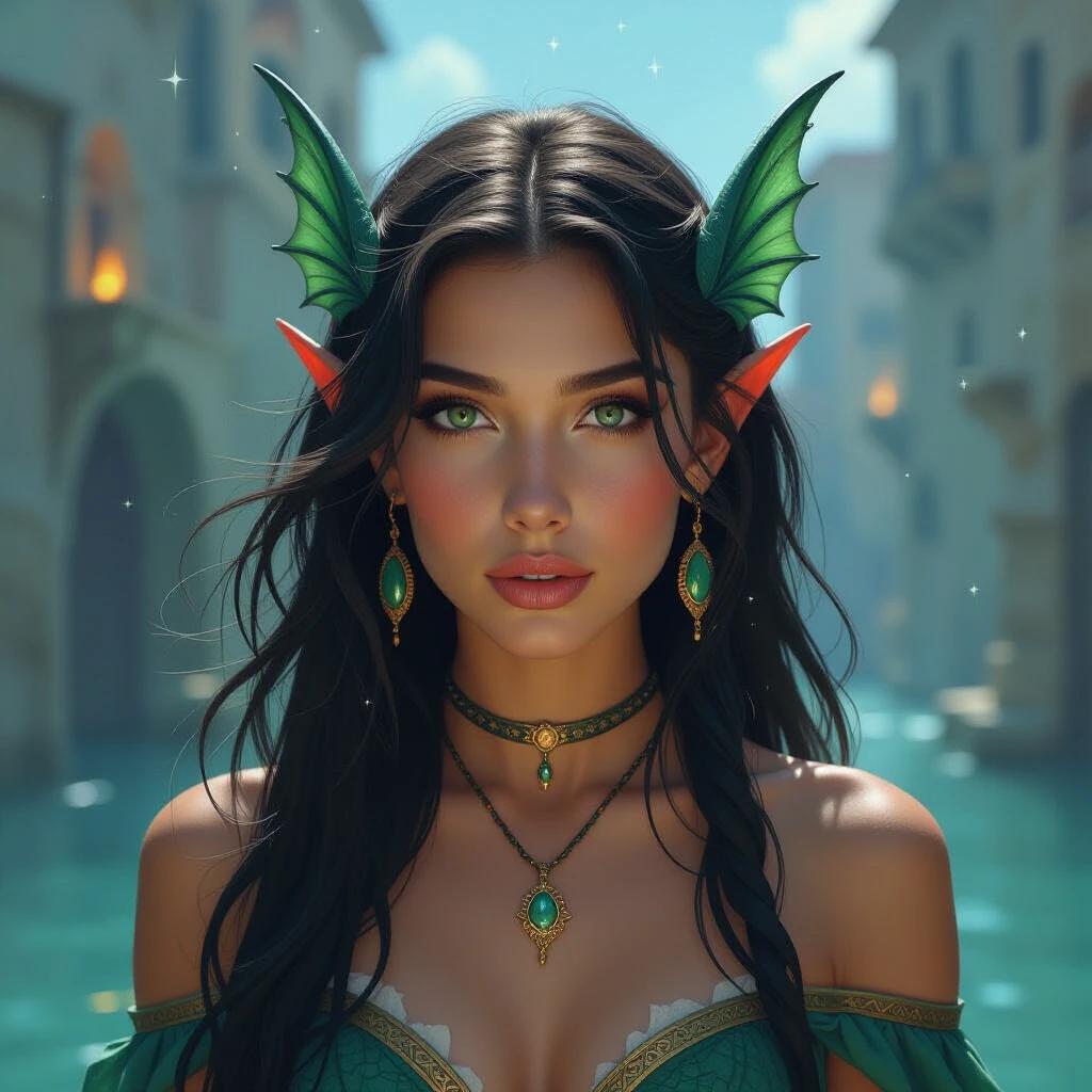 Candid portrait of a late teenaged Triton fish-person female. Sharp finned ears and green-blue coloured scaled skin. Fins adorn her. Set in a harsh Ancient-Grecian-Fantasy port city. She wears Ancient-Greek-Fantasy clothing. Wielding magic with a black stone that casts constellations in light. Long, slick-backed green-blue hair. Theme revolves around diving the stars. Young and youthful in appearance.