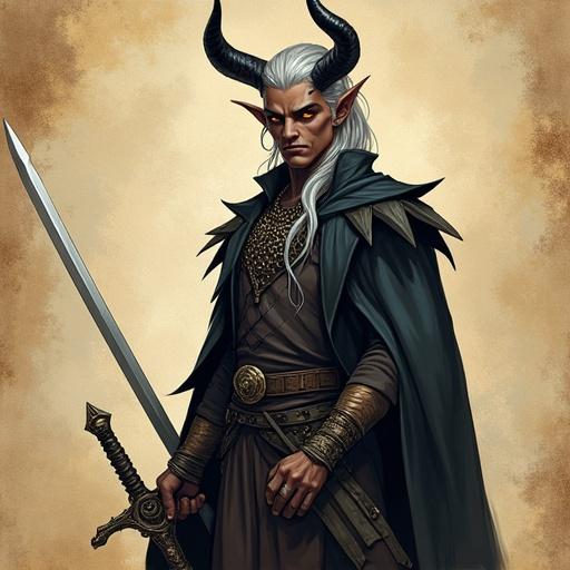 Digital art depicting a tall tiefling character with ash-brown skin wearing a chainmail shirt. He has long silver hair with curved horns similar to a crown. His sharp cheekbones bear thin scars. He holds a long sword and is dressed in platte pants. The background features an ancient parchment style.