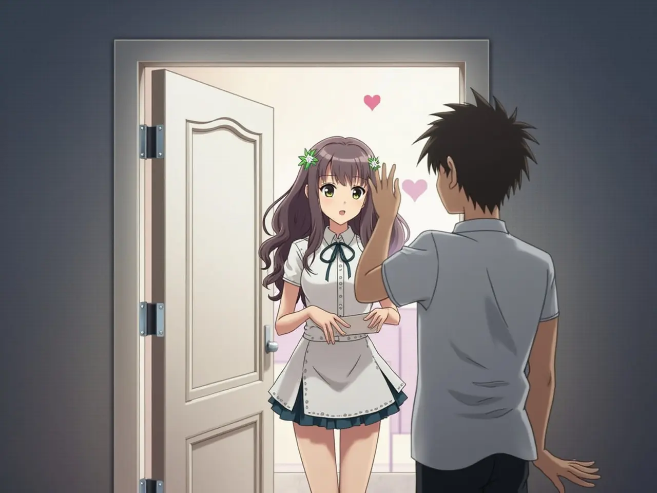 Anime scene depicts a character at the door. Two characters interacting. One character presents a gift while the other greets. Background is a room with soft colors. Sweet and cute atmosphere.