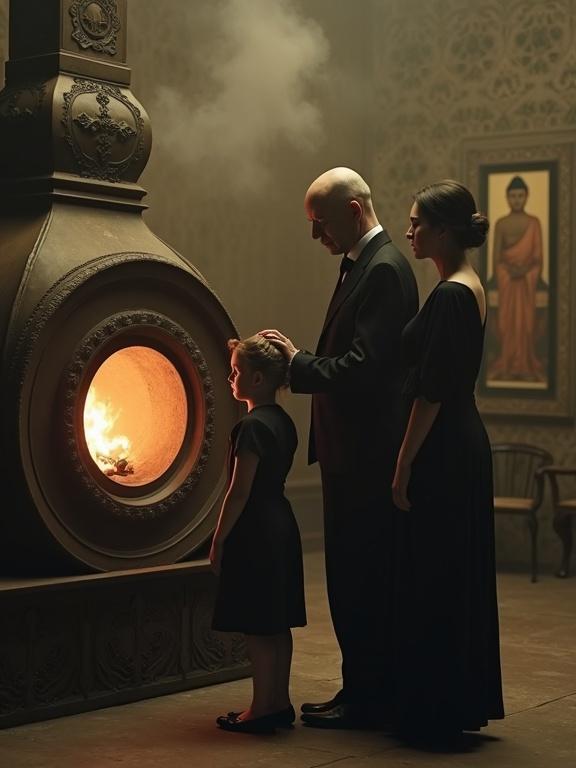 A stout pale man stands in a 1930s crematorium with a glowing funeral furnace. A young girl stands beside him, while his wife in a black dress is on his other side. The atmosphere is unsettling with thick smoke and expressionless faces. There is a Buddhist painting on the wall. The lighting is cinematic.