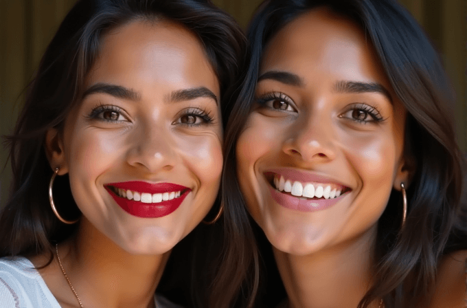 Two women with bright smiles stand closely together.