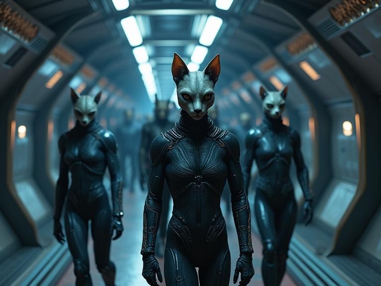 Humanoid feline soldiers in sleek sci-fi military suits stand in a futuristic corridor. The corridor is grey metal with a dark atmosphere and blue lighting. The soldiers wear masks that resemble cats, creating a unique look. Detailed textures and realistic features enhance the scene's immersive quality.