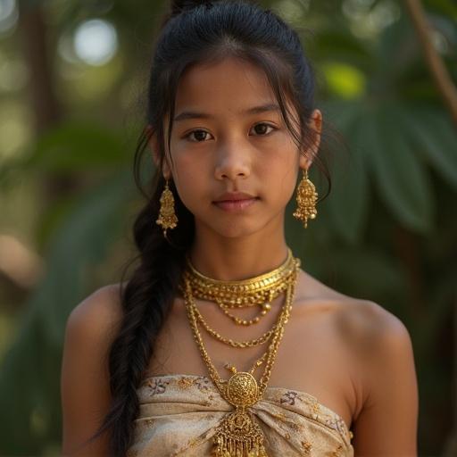 A young girl with long hair poses in a natural setting. She wears traditional attire with intricate gold jewelry. The focus is on her jewelry and expression. Natural light illuminates her features.