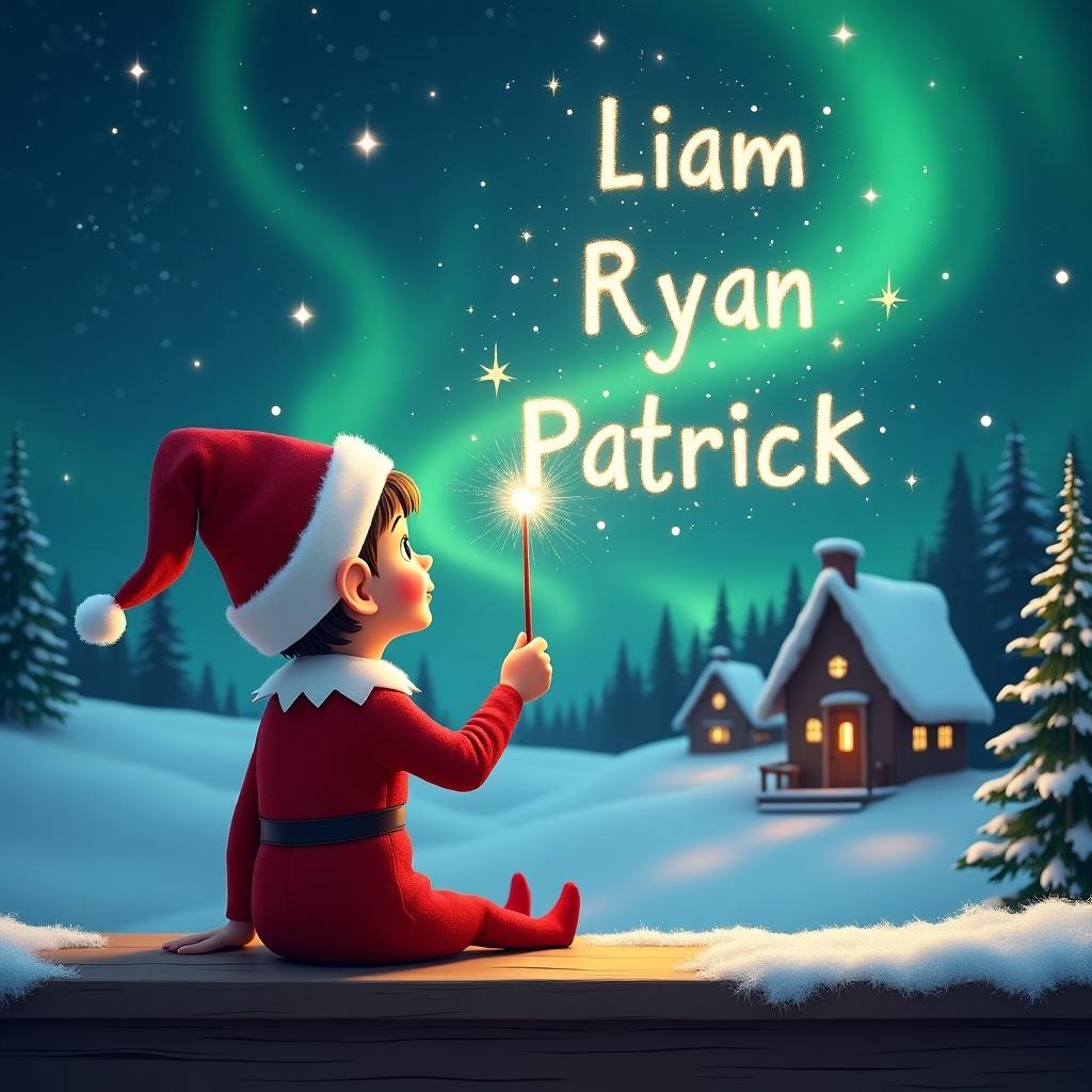 An elf sits on a wooden ledge with its back to the camera, gazing at a magical sky. The elf, dressed in a red outfit with a pointed hat, holds a sparkling wand. With the wand, the elf elegantly writes the names 'Liam', 'Ryan', and 'Patrick' in the starry sky. The background features a snowy landscape with charming little houses and evergreen trees under shimmering Northern Lights. This whimsical scene captures the essence of childhood magic and Christmas cheer.