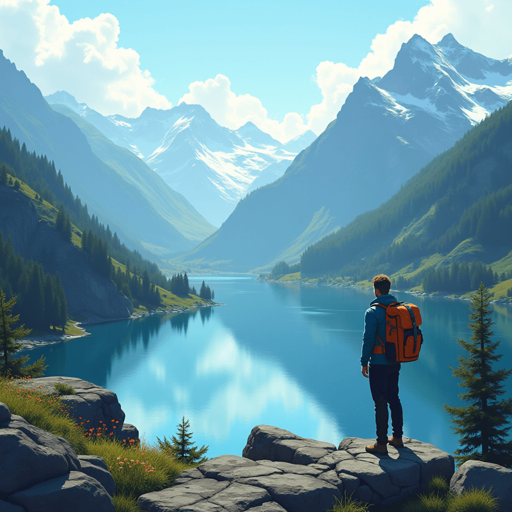 A hiker stands on a rocky outcrop, overlooking a serene lake surrounded by majestic mountains. The mountains, partially covered with snow, cast a reflection on the calm, blue water of the lake. The scene is vibrant, with lush green forests covering the slopes and patches of colorful wildflowers dotting the foreground. The hiker is dressed in outdoor gear, wearing a bright orange backpack, indicating a sense of adventure. Fluffy white clouds drift lazily across the clear sky, enhancing the tranquil and breathtaking beauty of this natural landscape.