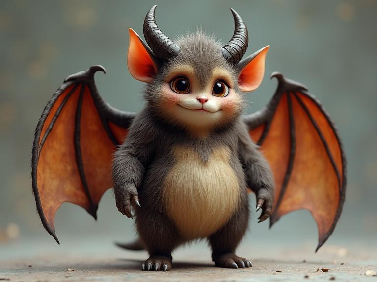 Petite hairy plump humanoid male with bat wings and horns. The character has large expressive eyes and a friendly smile.