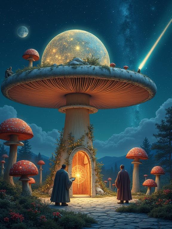 A vast mushroom serves as an observatory. Stars and constellations are projected on the ground. Elders in robes study cosmic patterns. Smaller mushrooms emit glowing light. Comets trail across a dark sky.