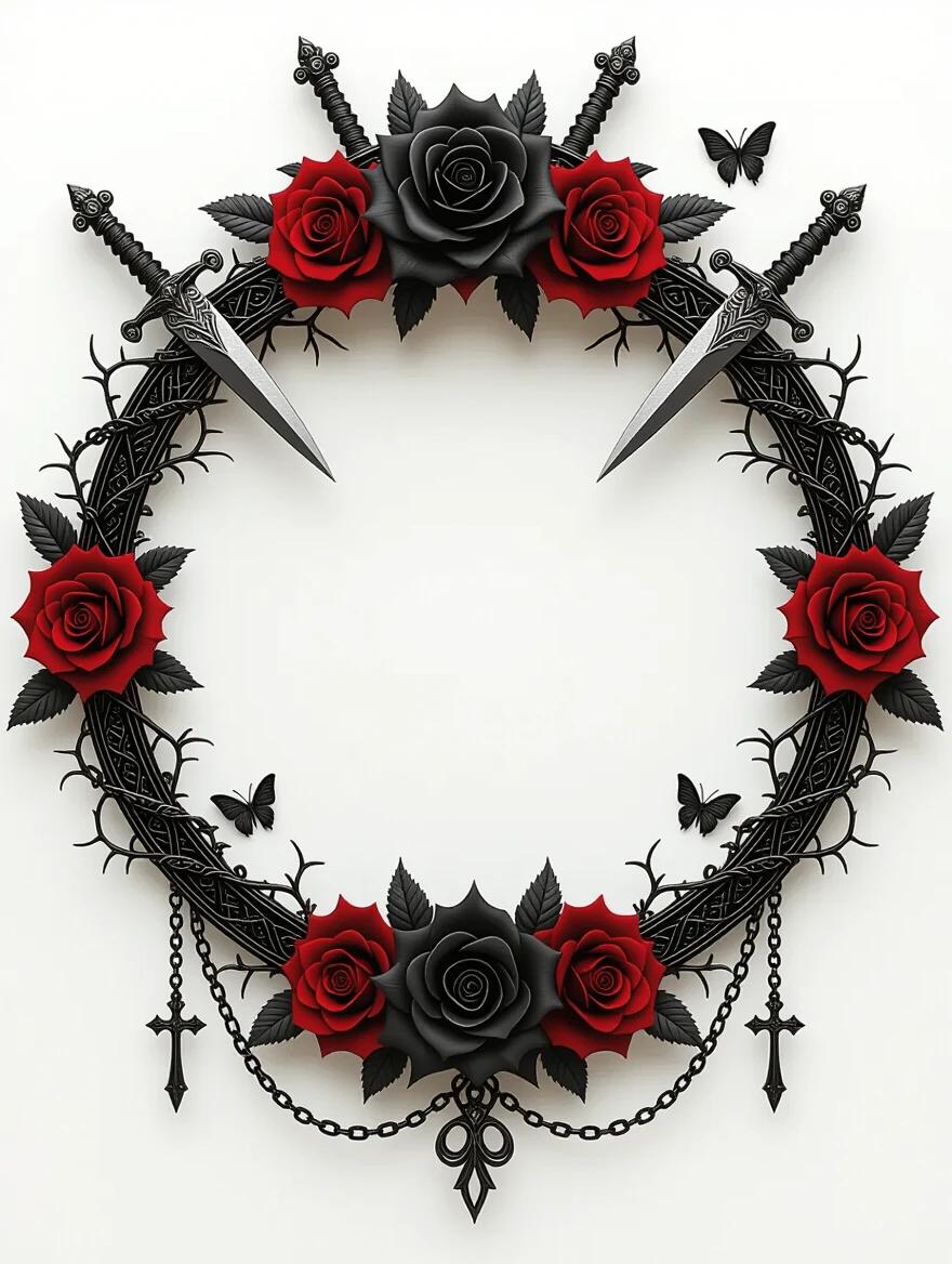A dark gothic circular frame has intertwining black and crimson roses. Curved silver daggers are positioned around the frame. Antique chains are coiled and detailed. Rosy petals have blood droplets. Blades curve with engraved skulls and patterns. Thorny vines weave through weapons and flowers. Gothic pendants shaped like crosses and moons dangle from the frame. Black butterflies hover nearby. The design is symmetrical with open space in the center. High-definition texture and shadows are present. The background is black or transparent.