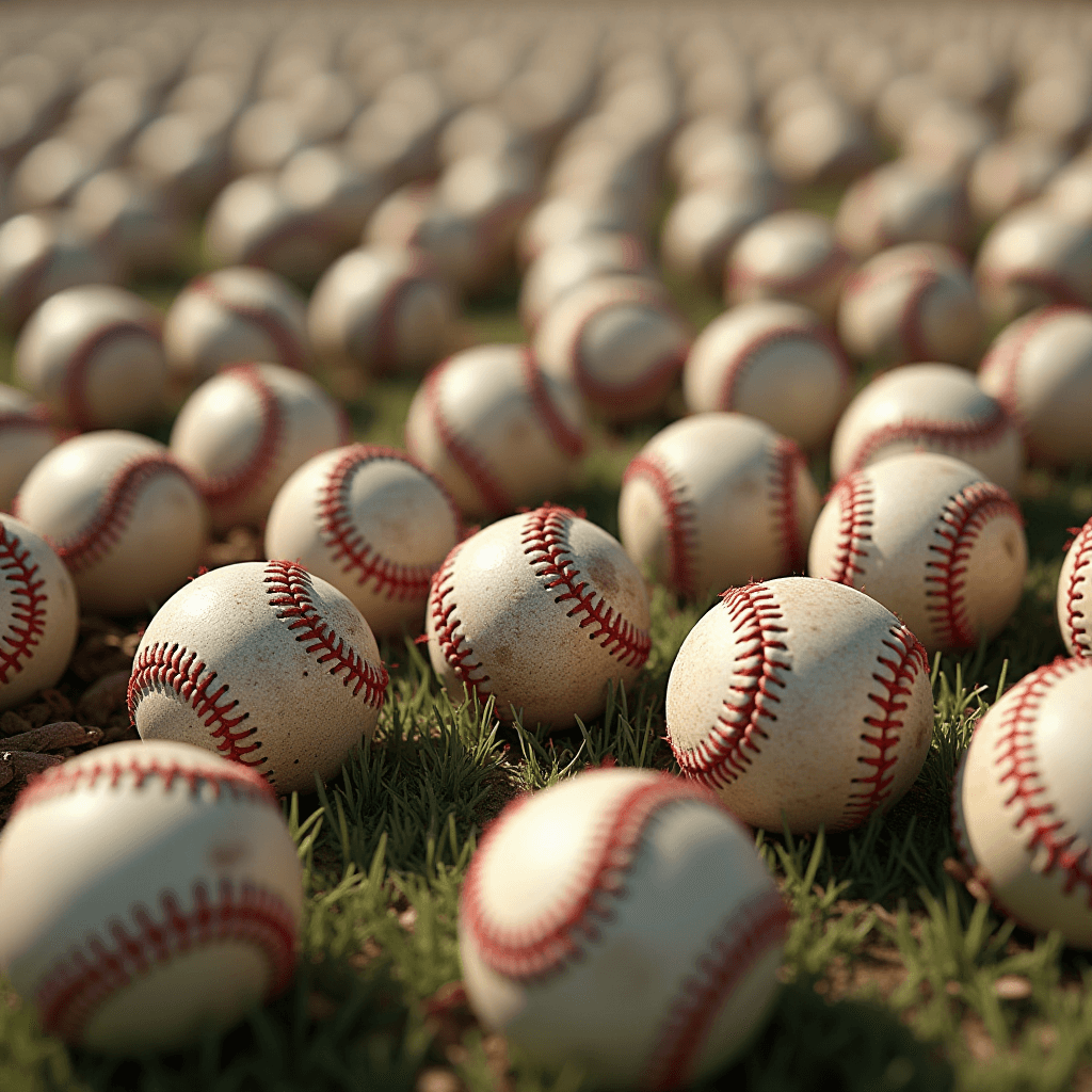 A large number of baseballs spread across a grassy field.