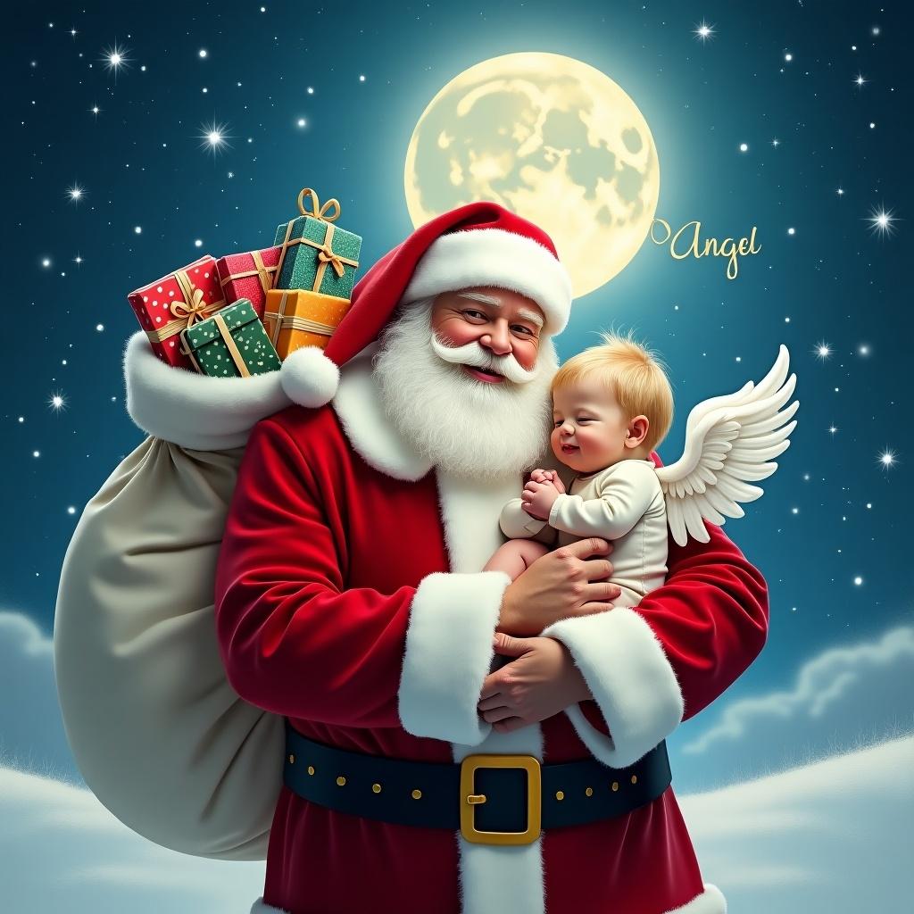 Santa Claus stands under a bright moon. He holds a baby boy with angel wings. A sack filled with colorful gifts rests on his shoulder. Snowflakes fall gently in the background. The red and white suit contrasts with the blue night sky. The name 'Angel' appears among the stars.