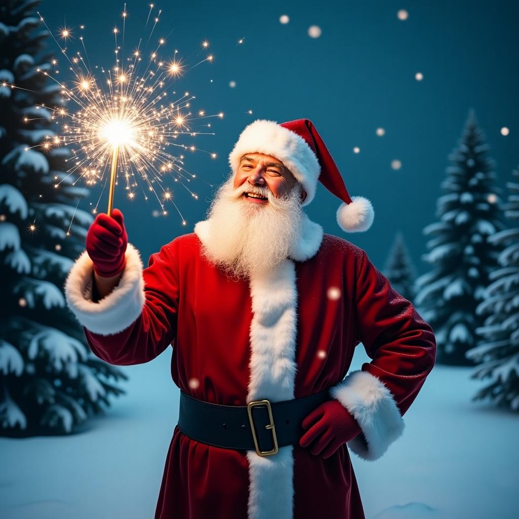 A jolly Santa Claus in a snowy landscape holding a magical wand. He wears a classic red suit with white fur trim and a matching hat. Santa's eyes twinkle with joy as he appears to be writing names in the sky. Behind him is a snowy scene with evergreen trees and a starry night sky. The atmosphere is festive and magical.