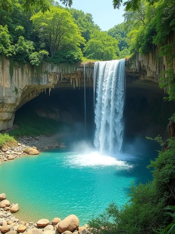 A dramatic natural landscape featuring a large waterfall cascading from a rocky cave into a turquoise pool surrounded by dense greenery. The waterfall flows in multiple streams creating a mist. The pool reflects the surrounding foliage and sky. Rugged rock formations show signs of weathering with moss growth. Sunlight creates a serene atmosphere suggesting tranquility.