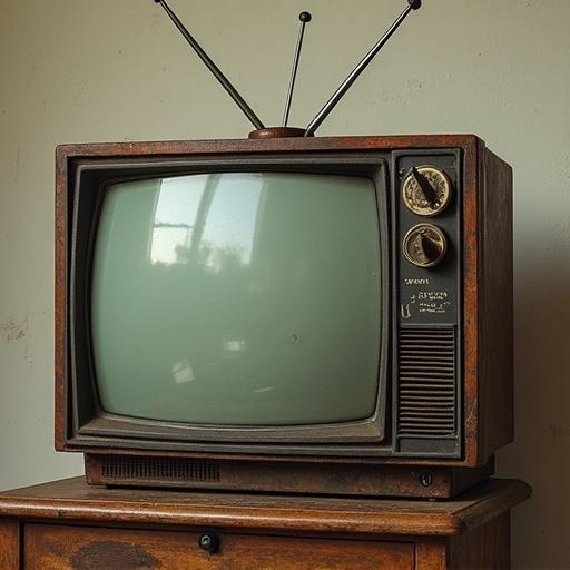 A vintage television set with a rusty exterior. The TV has two knobs for tuning and a set of antennas on top. Located on a wooden cabinet. The screen appears dusty and is turned off.