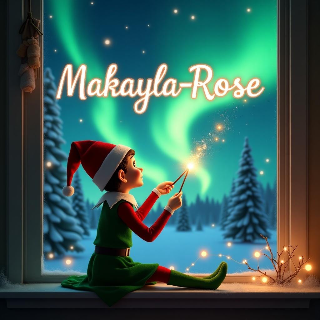 The image features an elf on the shelf sitting on a windowsill, with his back to the viewer. He is gazing up at the sky, using a wand to create magical sparks writing the name 'Makayla-Rose.' The background depicts a captivating Christmas scene with vibrant northern lights illuminating the night sky, enhancing the holiday atmosphere. The elf's attire is festive, wearing a green outfit, embodying the spirit of Christmas. It uses a shimmering wand to write the name 'Makayla-Rose' against a starry backdrop.